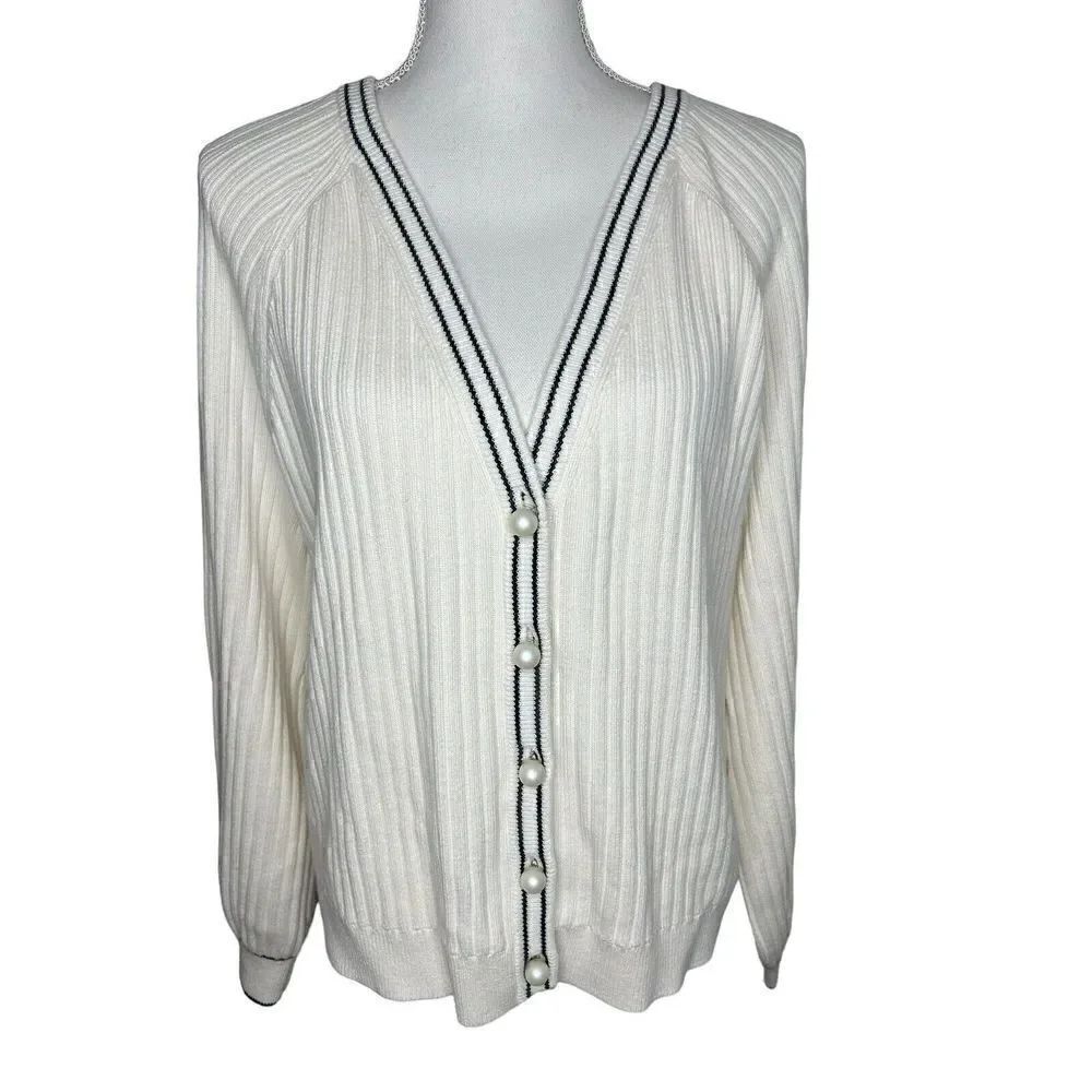 Talbots Ivory Pearl Button Knit Sweater Cardigan Jacket Ribbed Sz L